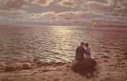 Postcard Couple lovers elegance on sea side embrace light house