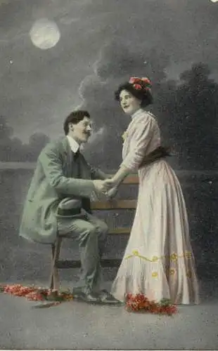 Postcard Couple lovers in nature elegance embrace hat moustache