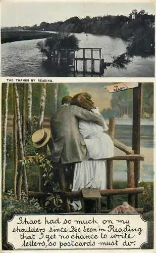 Postcard Couple lovers in nature elegance embrace hat