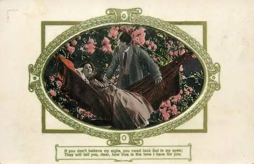 Postcard Couple lovers in nature elegance hammock