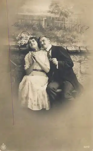 Postcard Couple lovers dress smile bouquet