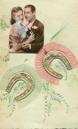 Postcard Couple lovers horse shoe luck coiffure elegance