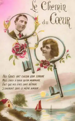 Postcard cpa amoreux romantic couple love idyll ele chemin du coeur