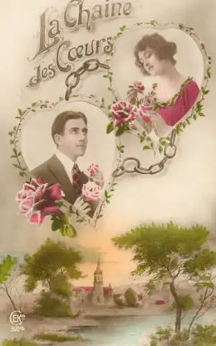 Postcard cpa amoreux romantic couple love idyll la chaine des coeurs castle