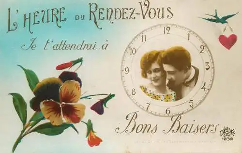 Postcard cpa amoreux romantic couple love idyll rendez vous bons baisers