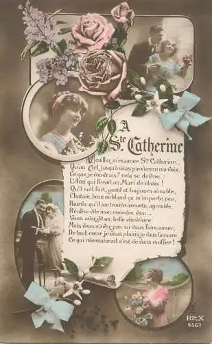 Postcard cpa amoreux romantic couple love idyll marriage bride groom Ste Catherine