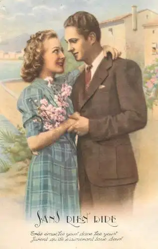Postcard cpa amoreux romantic couple love idyll beauty coiffure sans rien dire