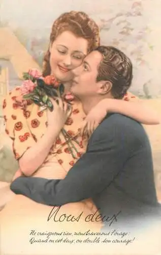Postcard cpa amoreux romantic couple love idyll beauty coiffure smile flowers