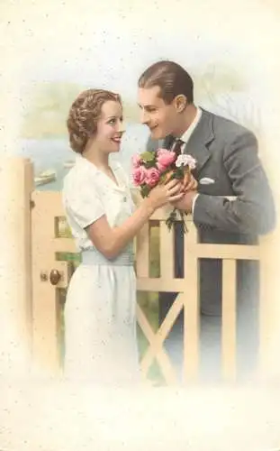 Postcard cpa amoreux romantic couple love idyll beauty coiffure