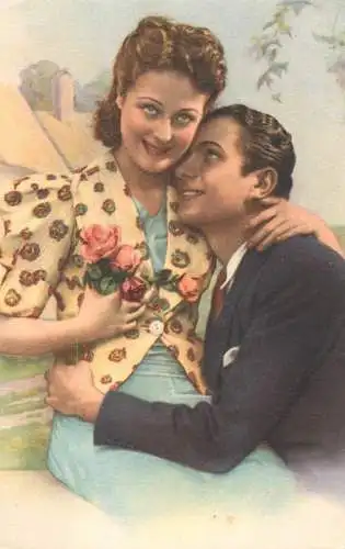 Postcard cpa amoreux romantic couple love idyll beauty coiffure