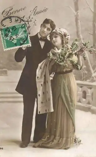 Postcard cpa amoreux romantic couple love idyll winter scene elegance bonne annee