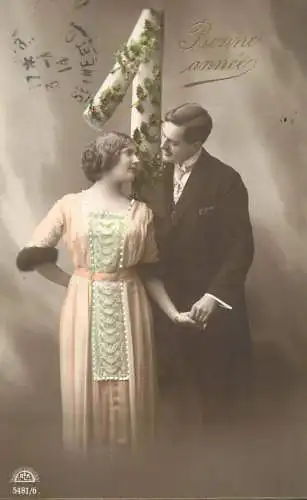 Postcard cpa amoreux romantic couple love idyll coiffure fur glam bonne annee