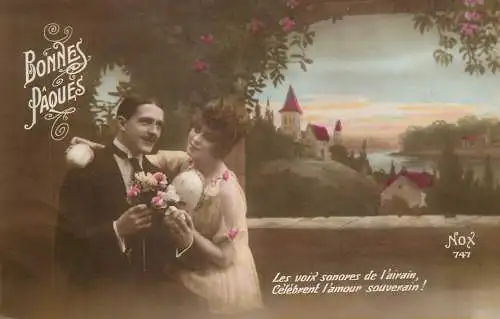 Postcard cpa amoreux romantic couple love idyll coiffure and flowers Bonnes Paques