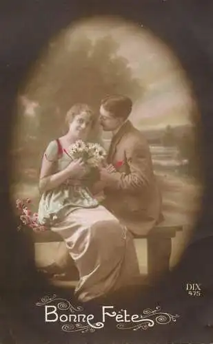 Postcard cpa amoreux romantic couple love idyll coiffure and bonne fete