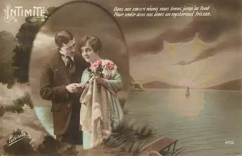 Postcard cpa amoreux romantic couple love idyll elegance coiffure flower intimite
