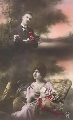 Postcard cpa amoreux romantic couple love idyll elegance letter nature