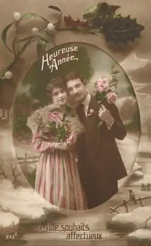 Postcard cpa amoreux romantic couple love idyll coiffure and flowers fur coat