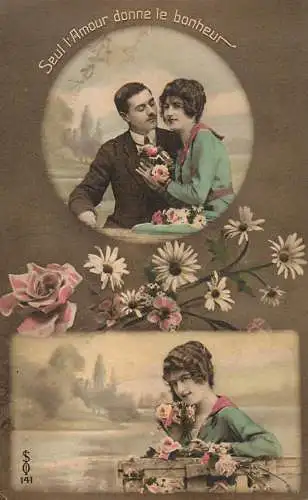 Postcard cpa amoreux romantic couple love idyll coiffure and flowers