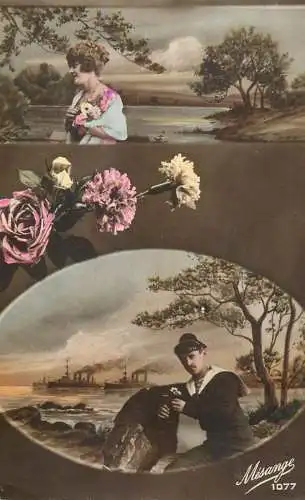 Postcard cpa amoreux romantic couple love idyll coiffure and sailor navy