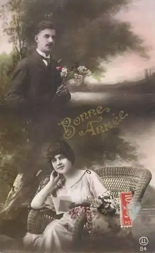 Postcard cpa amoreux romantic couple love idyll nature bonne annee