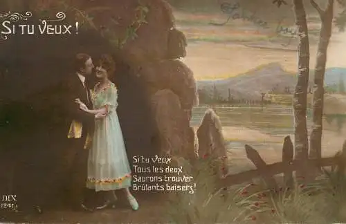 Postcard cpa amoreux romantic couple love idyll nature and dress