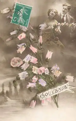 Postcard cpa amoreux romantic couple love idyll coiffure souvenir flower