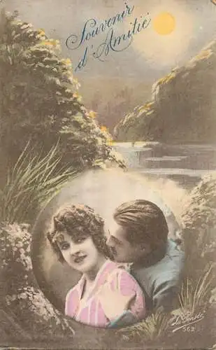 Postcard cpa amoreux romantic couple love idyll coiffure souvenir d'Amitie