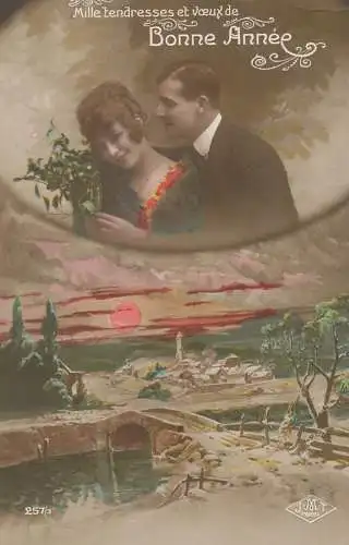 Postcard cpa amoreux romantic couple love idyll elegance coiffure Bonne Annee