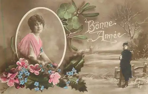 Postcard cpa amoreux romantic couple love idyll elegance coiffure shamrock Bonne Annee