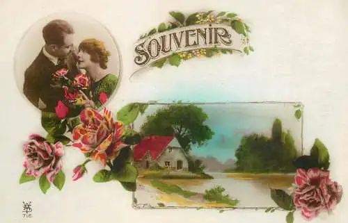 Postcard cpa amoreux romantic couple love idyll elegance coiffure