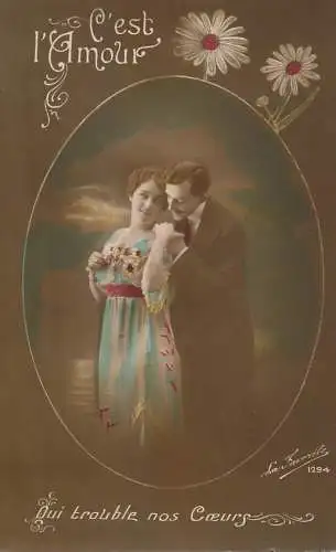 Postcard cpa amoreux romantic couple love idyll elegance coiffure