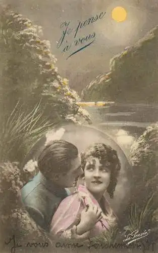 Postcard cpa amoreux romantic couple love idyll soldier je pense a vous
