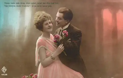 Postcard cpa amoreux romantic couple love idyll coiffure flowers