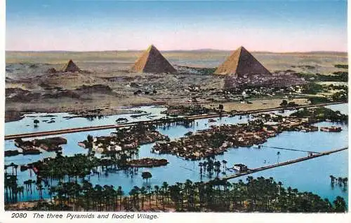 Postcard Egypt Cairo the three pyramids and flooded village