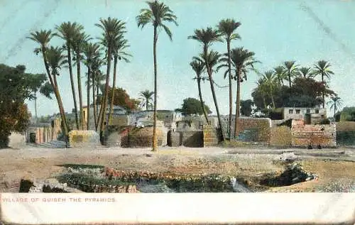 Postcard Egypt village of Guiseh and the pyramids