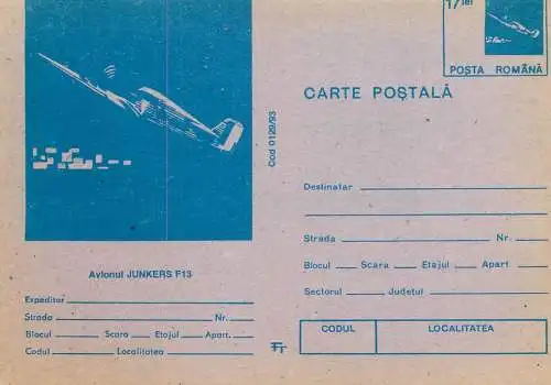 Junkers F13 plane Romania postal stationery postcard