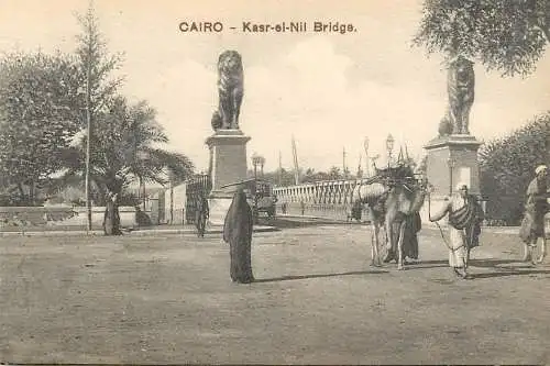 Egypt Cairo Kasr-el-Nil bridge lion statues  camel bedouin