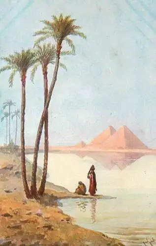 Egypt Port Said oasis scene water carrier and pyramid