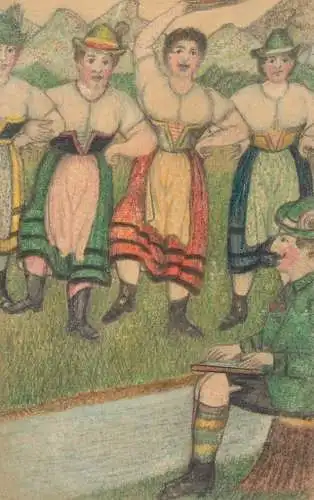 Drawn dancing German folk types 1909 postcard