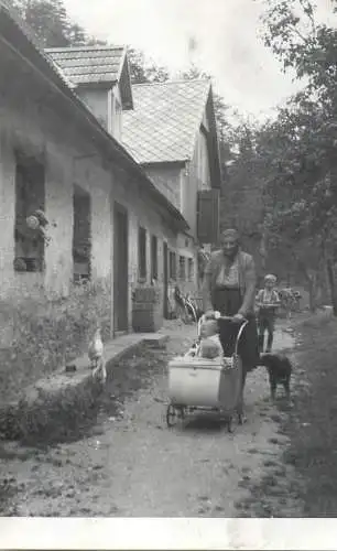 Woman with baby cart instant photography