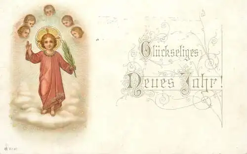 New Year greetings religious fantasy postcard 1908 cherub heads