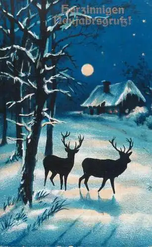 Deer silhouette New Year greetings fantasy postcard