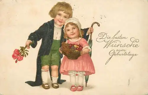 Lovely drawn children Birthday greetings postcard 1927