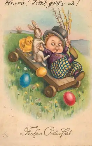 Easter greetings fantasy postcard 1929 comic caricature rabbit chick penciled eggs