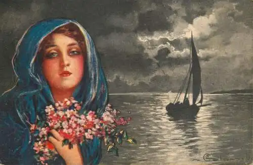 E. Colombo woman portrait and sailing boat moonlight