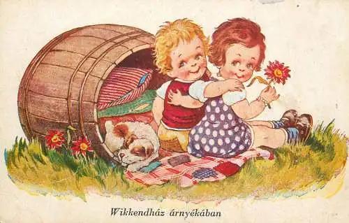 Wikkendhaz arnyekban children couple caricatures postcard