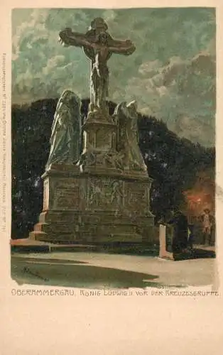 Oberammergau Konig Ludwig II vor der Kreuzegruppe Ottmar Zieher Litho AK