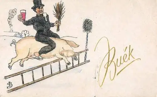 New Year luck chimney sweep riding pig Buek ramoneur cochon fantaisie illustrateur