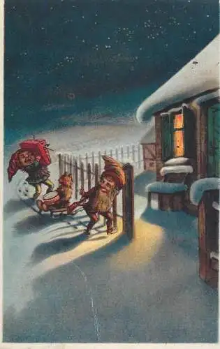 Nains dwarf gnomes winter seasonal greetings postcard 1931