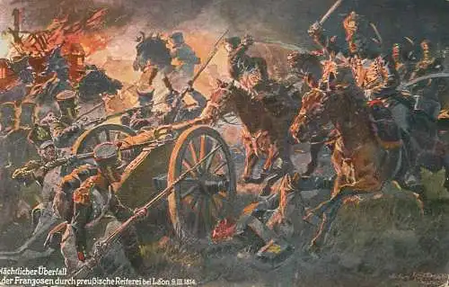 Nachtlicher Uberfall der Franzosen durch prussische Reiterei bei Laon 1814 Kunstler-AK